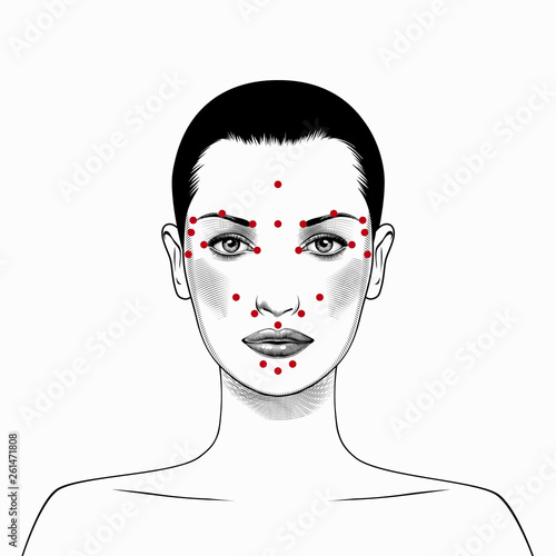Beautiful european woman face with instructions for facial acupressure isolated on white background. Vintage engraving stylized drawing. Vector illustration