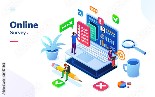 Survey or review, online social feedback or voting, exam at isometric office. People at internet poll or quiz, electronic exam choosing checkbox. Digital service or media rating. Client, customer info