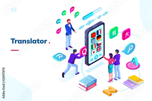 Smartphone or phone with online language translator. Isometric view on translation app with flags, application for multilingual simultaneous communication or talk. Foreign language interpreter with AI