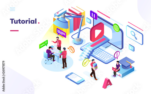 People learning online video tutorial. Isometric virtual training room. Internet study or web course technology. E-learning school or college, university or video service banner. Coaching and lesson
