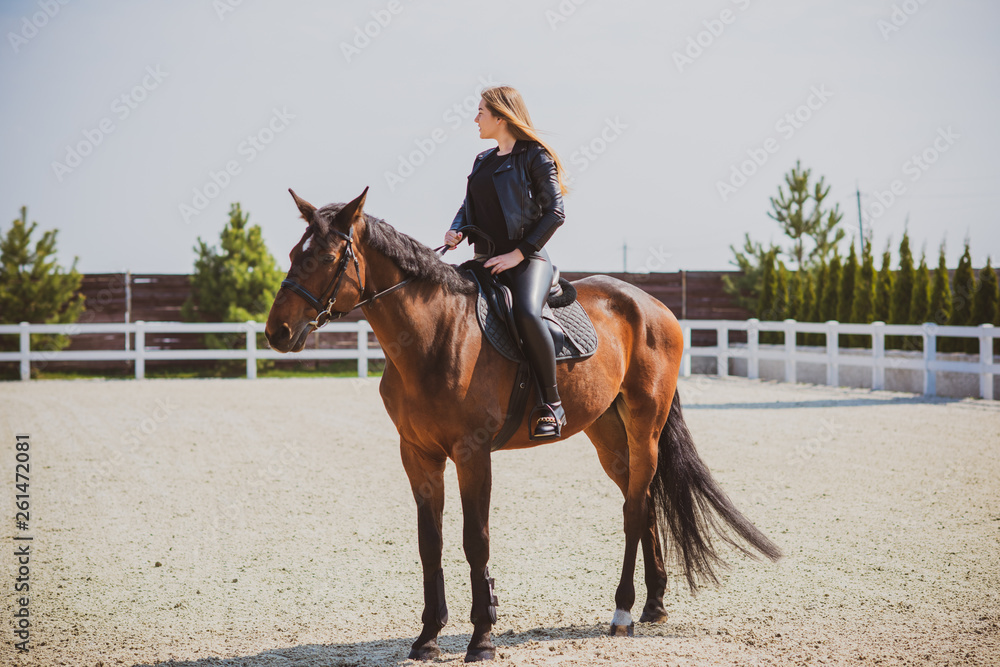 Spring - summer season, concept of hobby, Woman with a horse on a nature, relationship human and animals Spring - summer season, concept of hobby, Woman with a horse on a nature, relationship human and animals