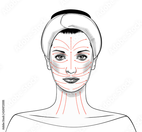 Spa facial Massage. Face Massage in beauty spa salon. Beautiful woman portrait. Vector Illustration.