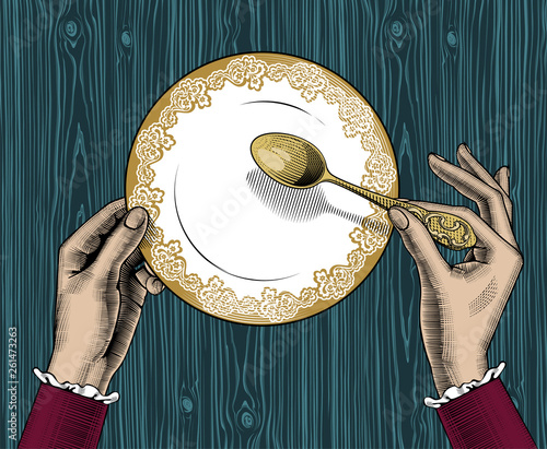 Female hands with plate and spoon. Vintage stylized drawing. Vector illustration