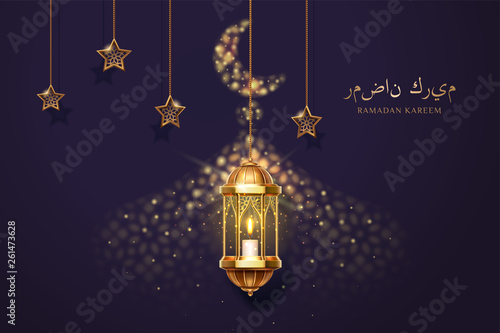 Ramadan kareem card with eid mubarak greeting with mosque and stars, moon crescent. Islam religion holiday and al-fitr celebration, arab festive or hari raya celebration.Arabian, eastern culture theme