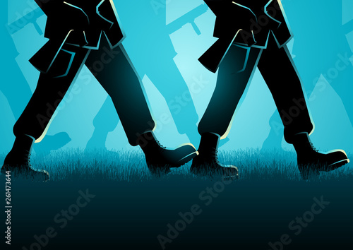 Army marching on grassland