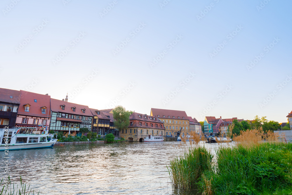 River Regnitz with old houses in City of Bamberg, Bavaria, Germany