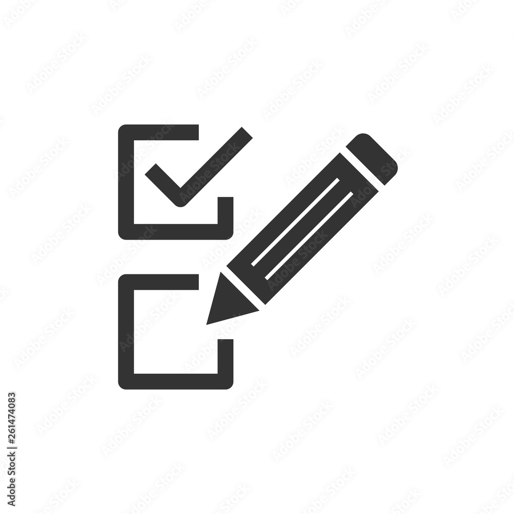 Checklist document sign icon in flat style. Survey vector illustration on white isolated background. Check mark banner business concept. Checklist document sign icon in flat style. Survey vector illustration on white isolated background. Check mark banner business concept.