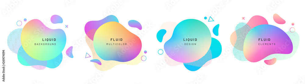 Set of isolated abstract liquid shapes. Elements for gradient fluid design. Background with dynamic forms and and circles. Colorful halftone overlapping splash. Modern graphic composition