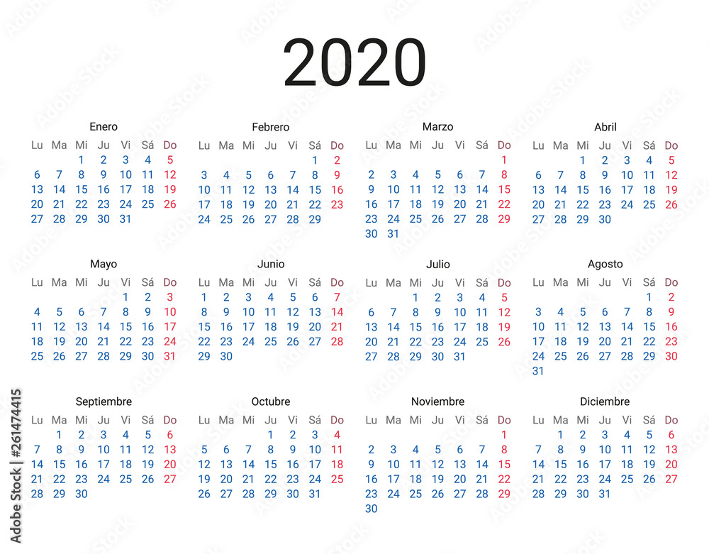 2020 year Spanish calendar in Spanish language. Classical, minimalistic