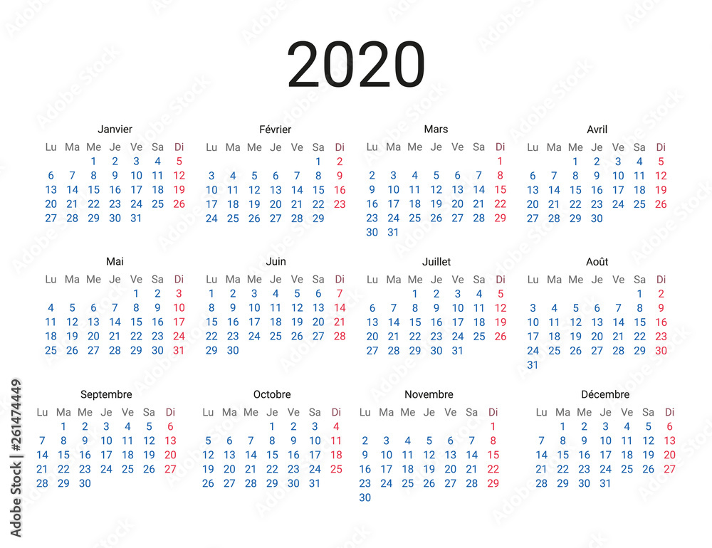 2020 year French calendar in French language. Classical, minimalistic, simple design. White background. Vector Illustration. Week starts from monday.