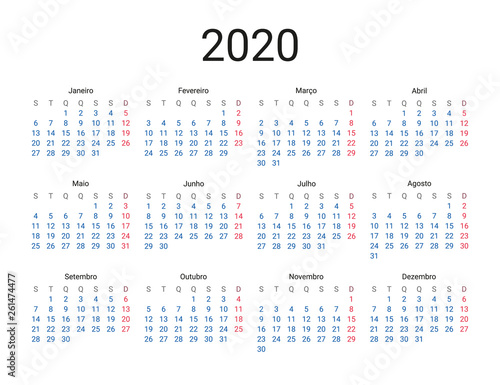 2020 year Portuguese calendar in Portuguese language. Classical, minimalistic, simple design. White background. Vector Illustration. Week starts from monday.