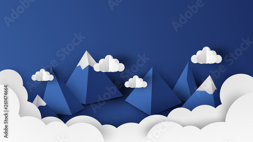 Illustration of mountain scenery with clouds in aerial view. Mountain and cloudy scenery in 3D paper art style. paper craft and cut style. vector, illustration.