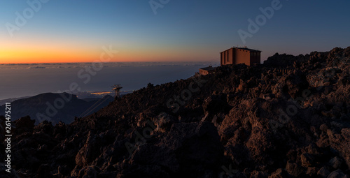 The cable car station on the peak of the Teide mountain on Tenerife, Spain during sunrise.