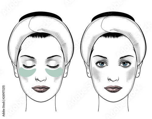 Spa Woman applying Facial clay Mask. Eye patches smoothing deep wrinkles. Beautiful woman portrait. Beauty Treatments. Vector Illustration.