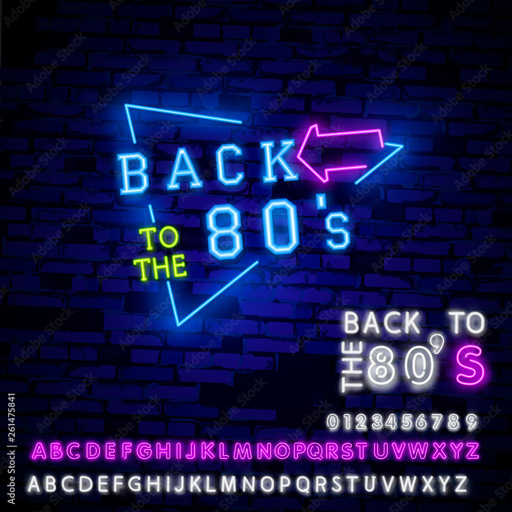 Back to the 80s neon sign vector. 80 s Retro style Design template neon sign, light banner, neon signboard, nightly bright advertising, light inscription. Vector illustration