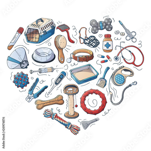 Group of vector illustrations on the veterinary pet care theme accessories for cats and dogs. Isolated objects for your design. Each object can be changed and moved.