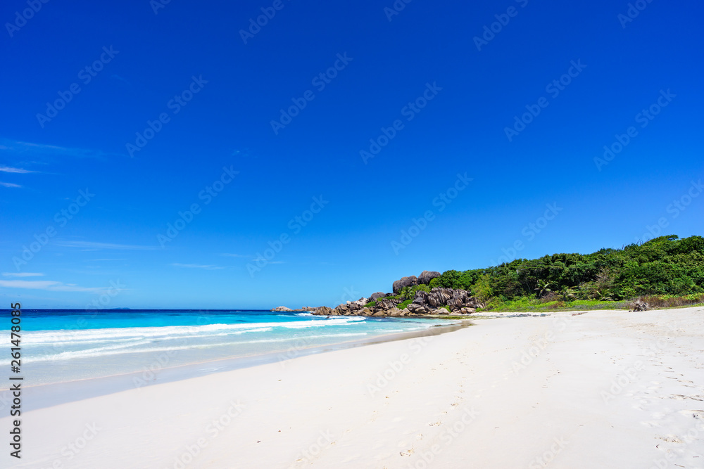 White sand, palm trees, granite rocks and turquoise water at the paradise beach at grand anse, la digue, seychelles 6