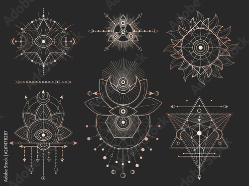 Vector set of Sacred geometric symbols and figures on black background. Gold abstract mystic signs collection.