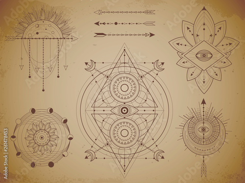Vector set of Sacred geometric symbols and figures on old paper grunge background. Abstract mystic signs collection.