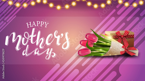 Mother's day greeting pink card with garland, beautiful lettering and bouquet of tulips
