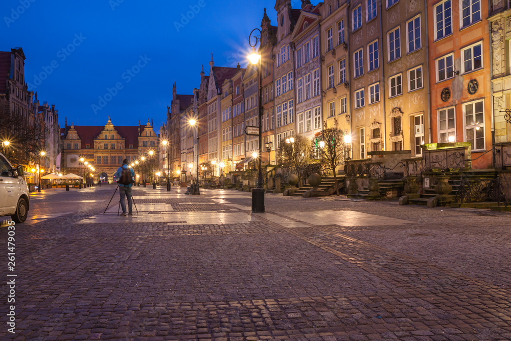 Architecture of the Long Lane in Gdansk at night.