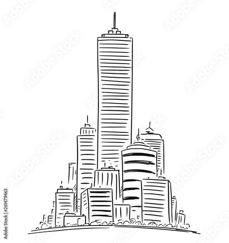Vector Artistic Drawing Illustration of Generic City High Rise Cityscape Landscape with Skyscraper Buildings