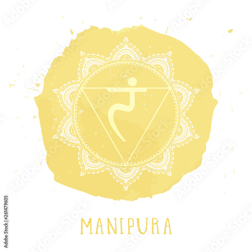 Vector illustration with symbol Manipura - Solar Plexus chakra  and watercolor element on white background.