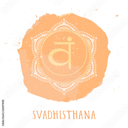 Vector illustration with symbol chakra Svadhishana and watercolor element on white background.