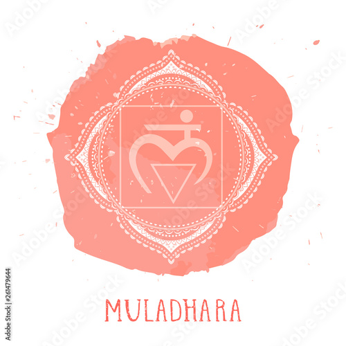 Vector illustration with symbol Muladhara - Root chakra and watercolor element on white background.