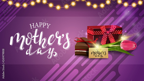 Mother's day greeting purple card with garland, beautiful lettering, gift, tulip and candy