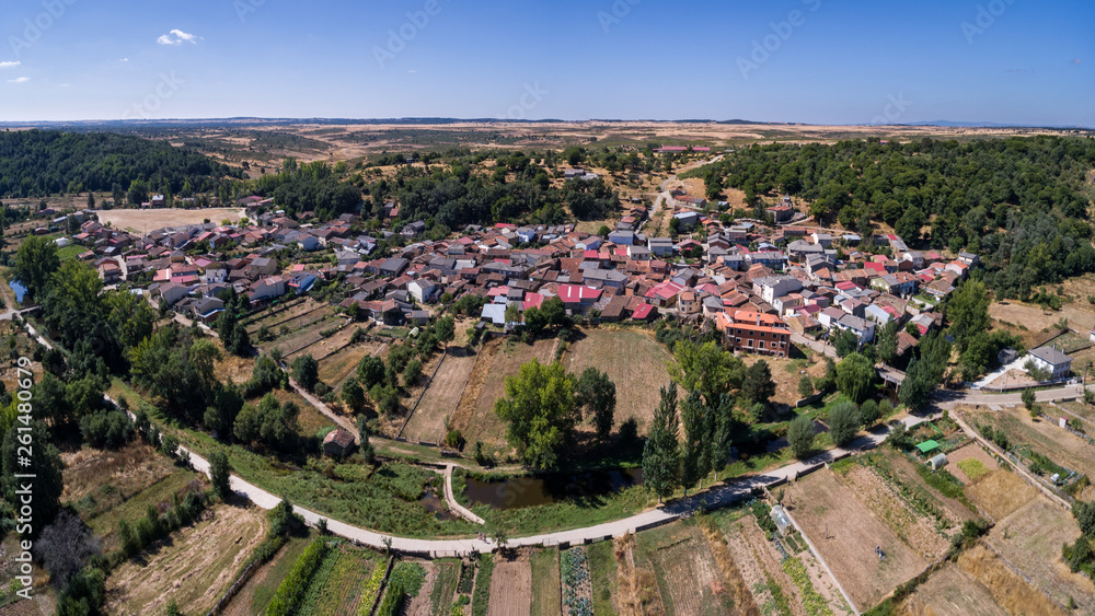 Panoramic aerial view of Pobladura de Aliste village in Zamora