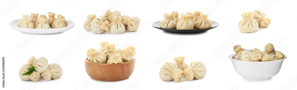 Set of delicious cooked dumplings on white background Set of delicious cooked dumplings on white background
