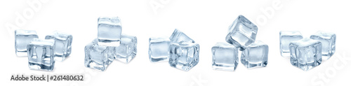 Set of crystal clear ice cubes on white background