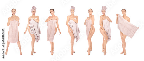 Set of beautiful young woman with towels on white background