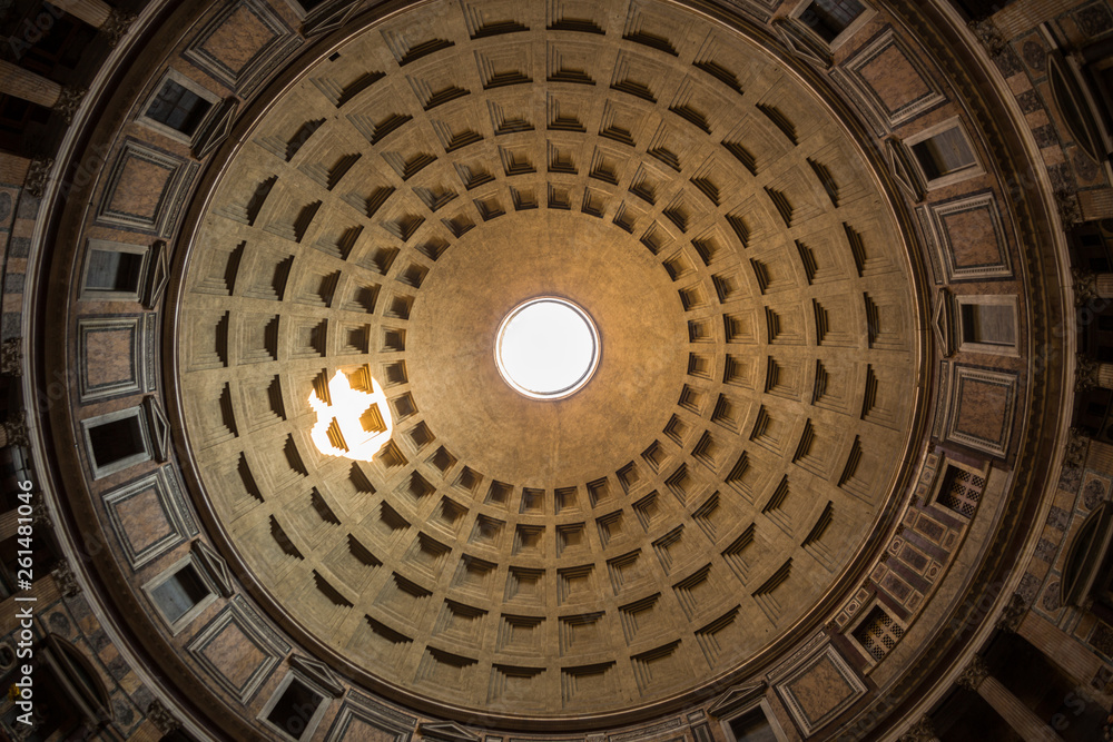A view of Pantheon ceiling dome with hole in the middle