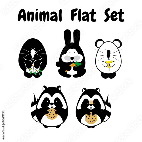 Flat animal stroke icon cute set. Black and white simple style. Cartoon element for design. Mole, rabbit, mouse, raccoon
