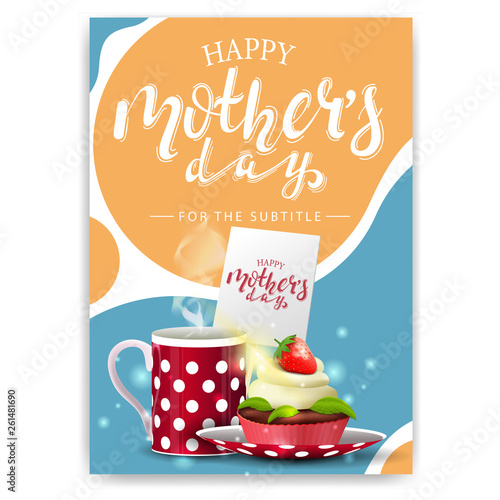 Mother's day card with a modern texture shape-liquid and cup of tea with cupcake
