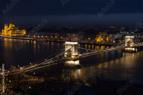 Aerial view of Budapest city scene at night time