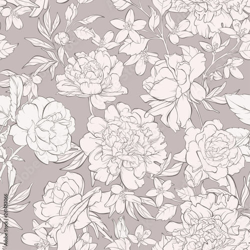 Vintage seamless pattern with blossoming peony flowers, rose flowers on beige with wildflowers. Vector illustration. Pastel colours. © j_bunina