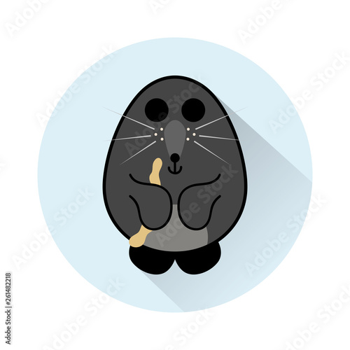 Vector cartoon illustration of mole with earthworm. Blue round background with long shadow. Flat style icon element for design. Cute  forest, wild animal