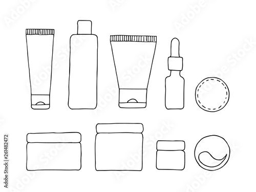 Line face care set of bottles. Hand drawn vector illustration.