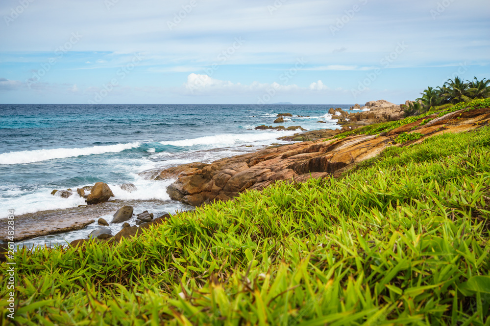 Rough and wild rocky coastline at anse songe, la digue, seychelles 42 Rough and wild rocky coastline at anse songe, la digue, seychelles 42