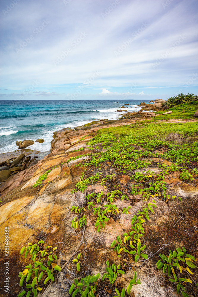 Rough and wild rocky coastline at anse songe, la digue, seychelles 44 Rough and wild rocky coastline at anse songe, la digue, seychelles 44