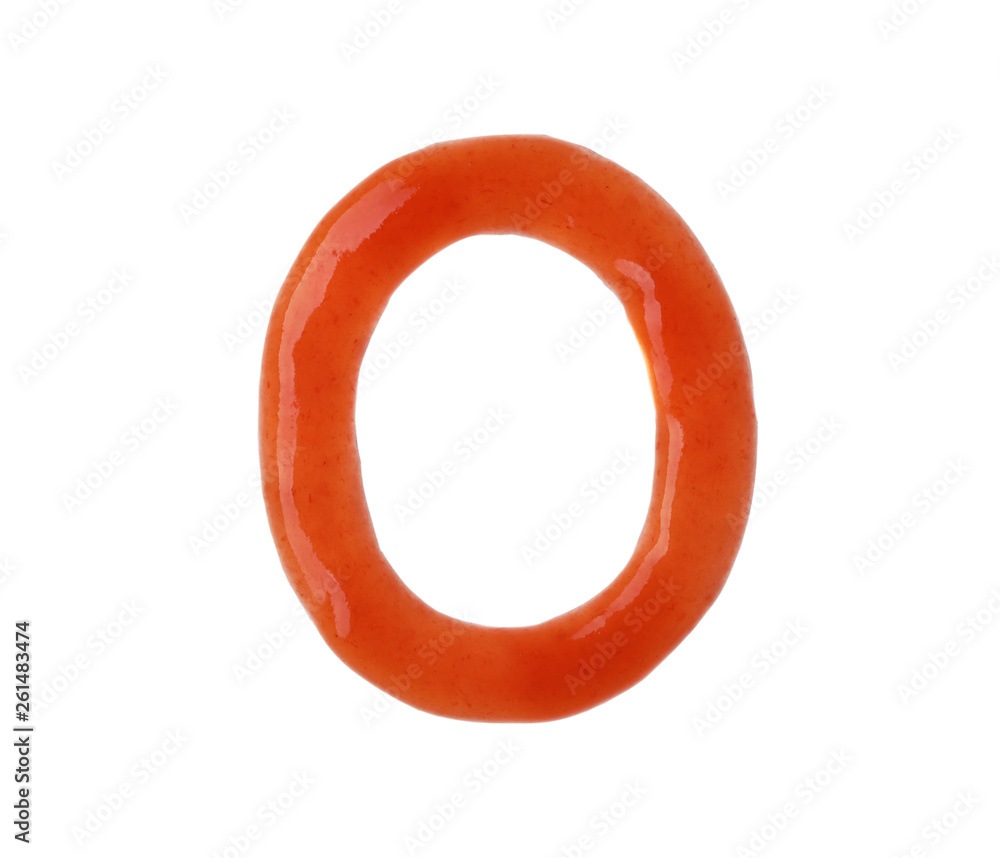 Letter O written with red sauce on white background Letter O written with red sauce on white background
