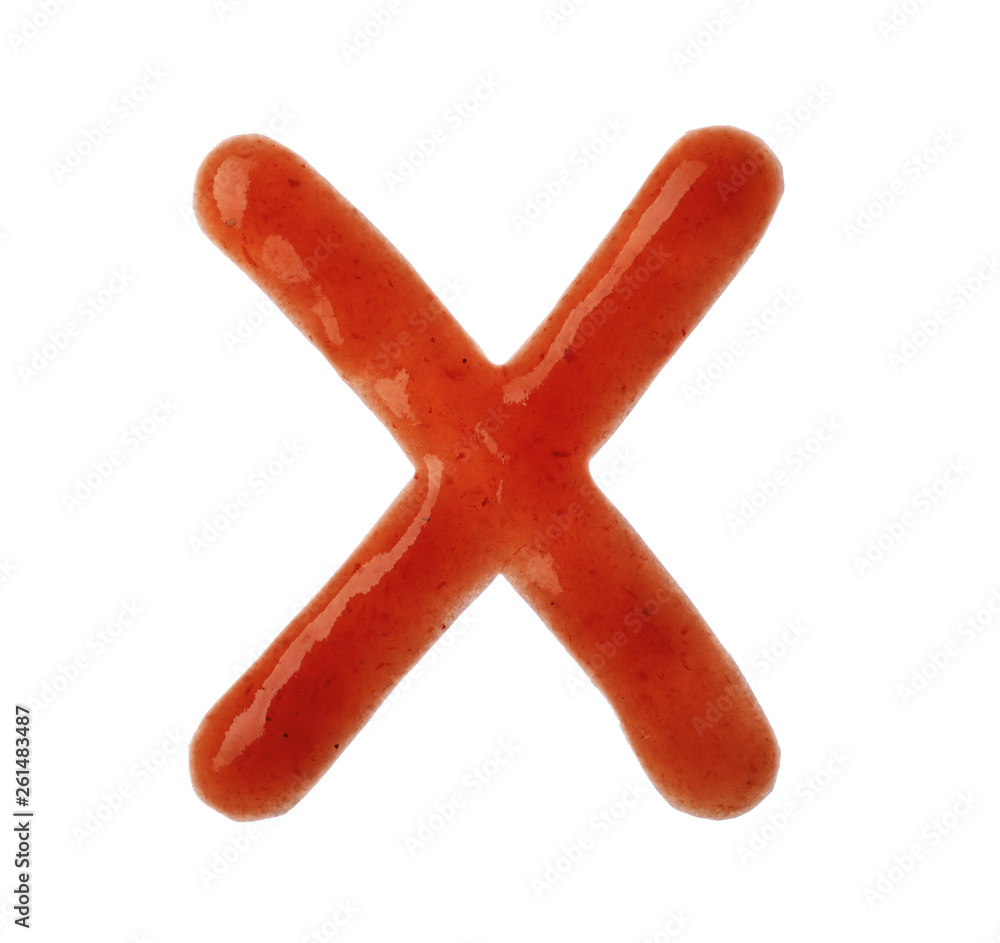 Letter X written with red sauce on white background Letter X written with red sauce on white background