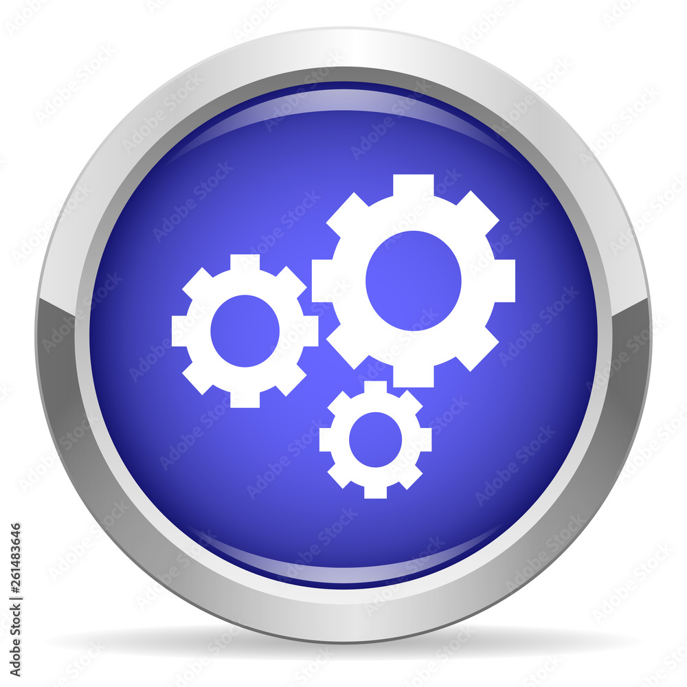 Gear icon. Round bright blue button. Gear icon. Round bright blue button.