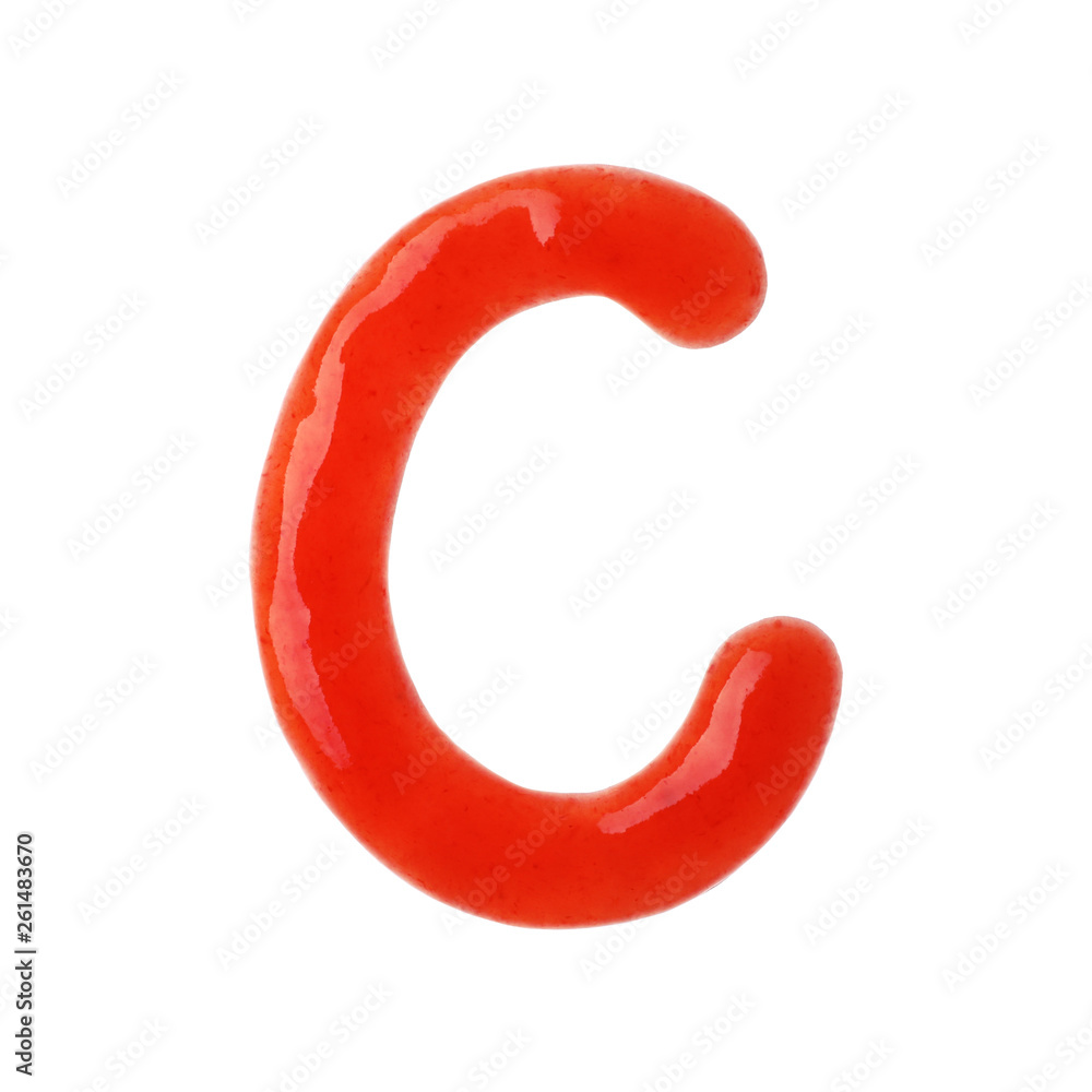 Letter C written with red sauce on white background Letter C written with red sauce on white background