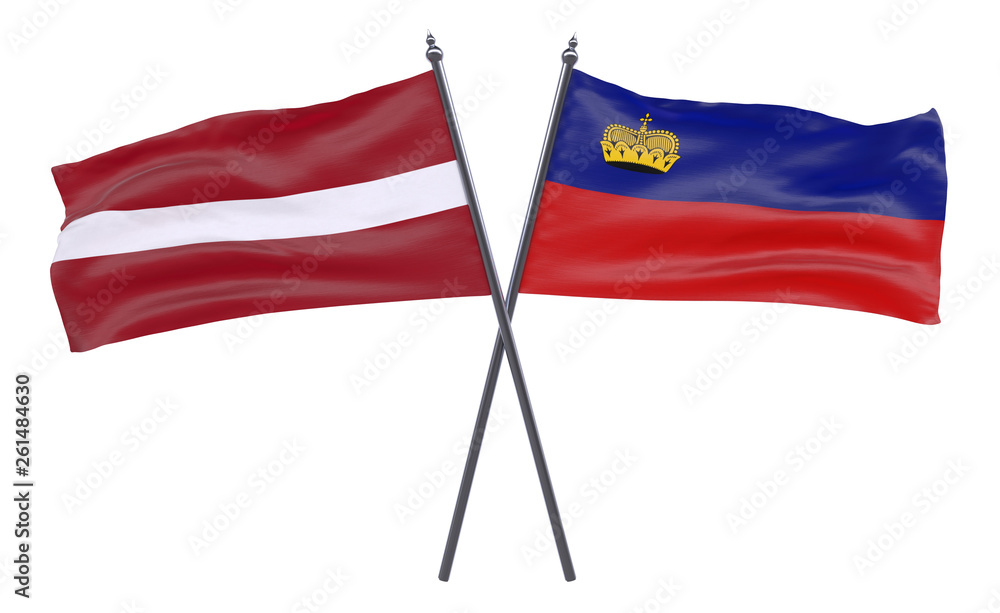 Latvia and Liechtenstein, two crossed flags isolated on white background. 3d image Latvia and Liechtenstein, two crossed flags isolated on white background. 3d image