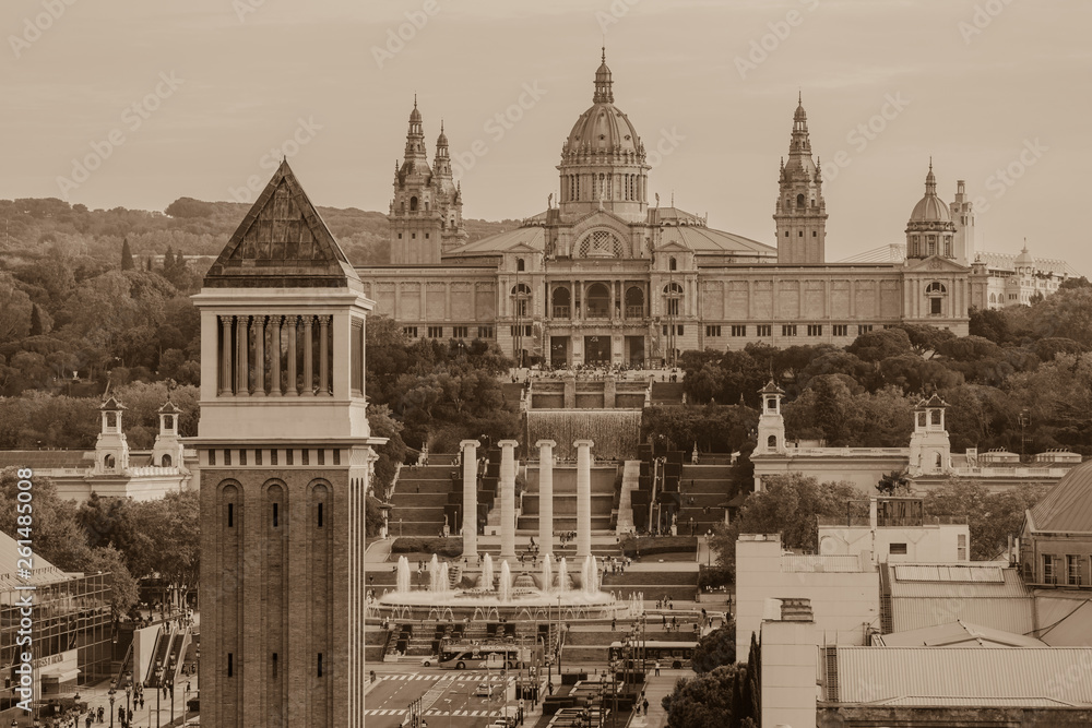 Aerial View of city center with Placa Espanya and Montjuic Hill