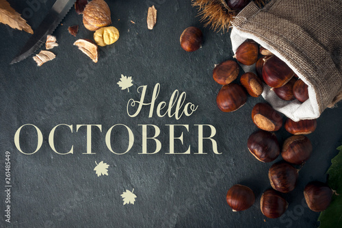 Hello october card. Roasted chestnuts on a rock table. photo